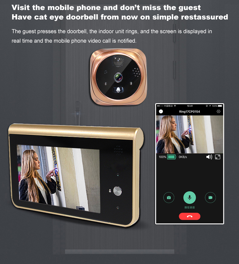 Wifi smart electronic cat eye video doorbell remote monitoring video intercom infrared motion detection alarm